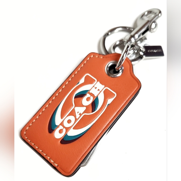 Coach Bottle Opener Key Fob Keychain with Stamp Silver Bright Orange Leather NWT - Picture 7 of 15